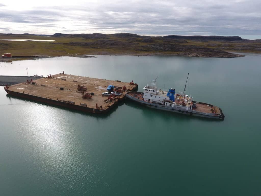 A Marine Transportation Services vessel and barge making a delivery in 2017, when Arctic Ocean conditions were much better than they are in the Kitikmeot now. Photo courtesy of the GNWT