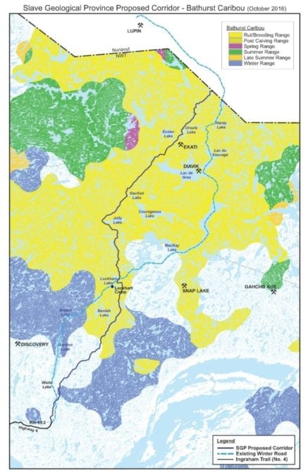 Map provided in a Nov. 13, 2016 return to oral questions displays the proposed Slave Geological Province Corridor route and caribou habitat. photo courtesy of GNWT