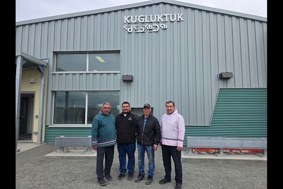 Minister David Akeeagok, left, Kugluktuk Mayor Ryan Nivingalok, Kugluktuk MLA Bobby Anavilok and Transportation and Infrastructure Nunavut Minister David Joanasie stand outside the new terminal building in Kugluktuk. Photo courtesy of Government of Nunavut