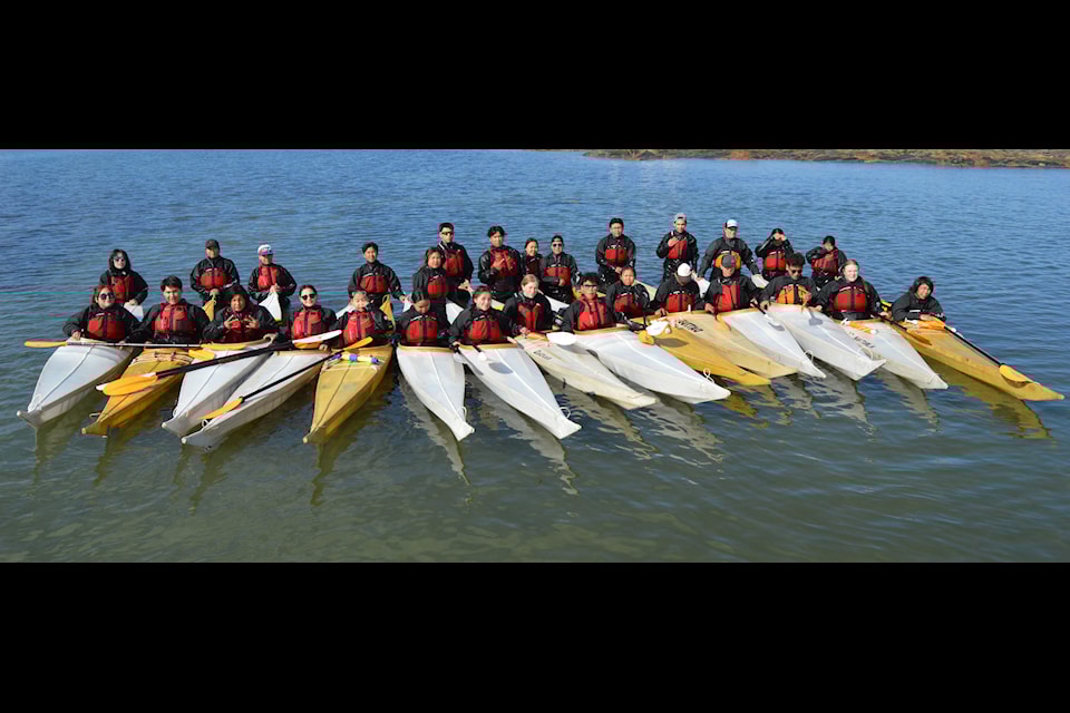 A group of students proudly display their qajaqs at Victor Sammurtok School in Chesterfield Inlet recently. Photo courtesy Glen Brocklebank