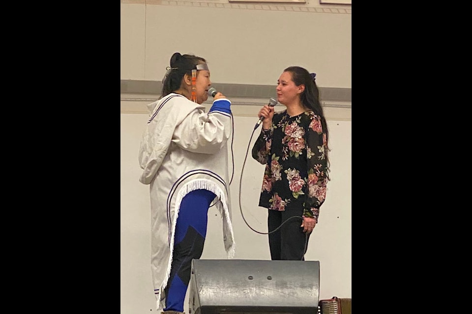 Margaret Sharp, left, of Rankin Inlet and Aasiva (Colleen Nakashuk) of Iqaluit (originally from Pangnirtung) entertain the crowd during Festival by the Lake in Baker Lake from Sept. 13 to 15.
