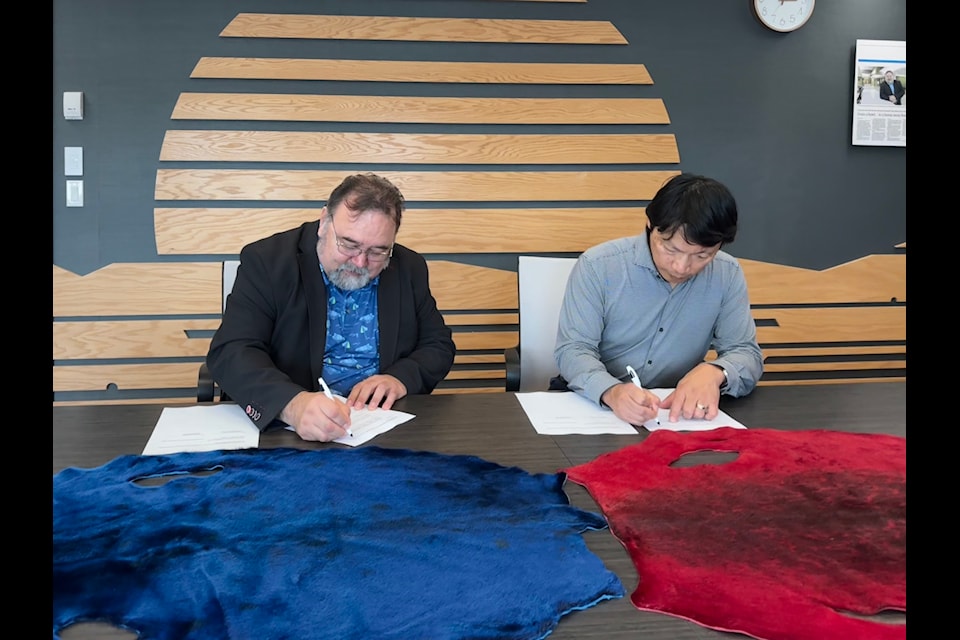 David Kakuktinniq, president and CEO of Sakku Investments Corp., left, and Chris Avery, CEO Arctic Gateway Group sign a Memorandum of Understanding between the  two companies in Rankin Inlet on Sept. 24, 2024.