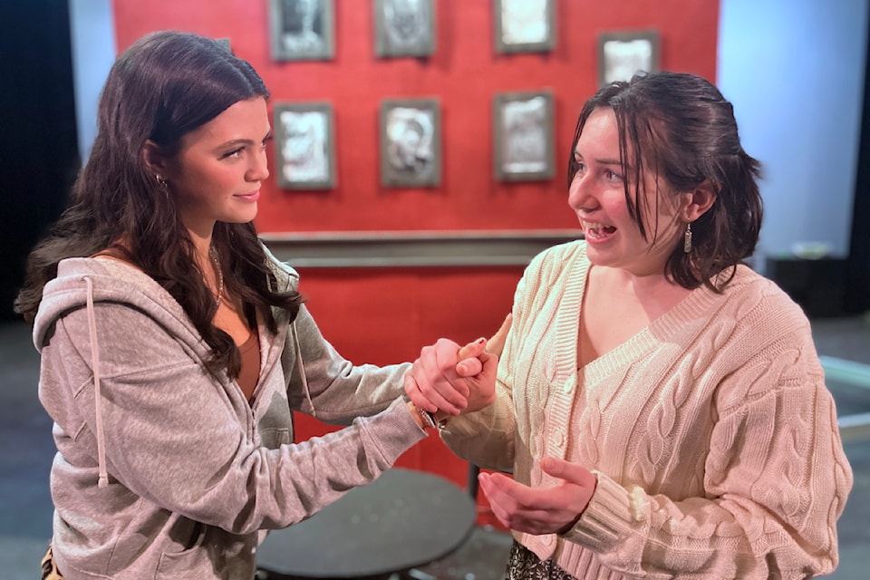 Oak Bay High student actors Madeleine Bartle-Clar, left, and Cora Neil prepare for musical The Prom, on stage at the Dave Dunnet Theatre, 2121 Cadboro Bay Rd., starting Feb. 28. 