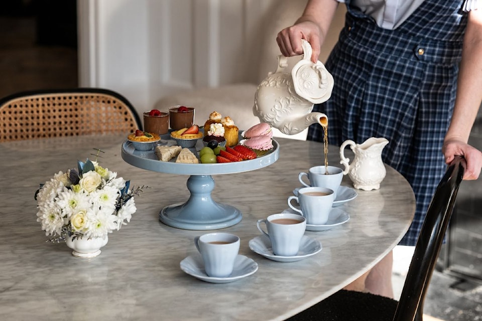 This Oak Bay tea party was made possible with the Signature Muckle Tea for two plus people from White Heather, dishware from Good Things Consignment, and teacup floral arrangements from Oak Bay Flower Shop.
