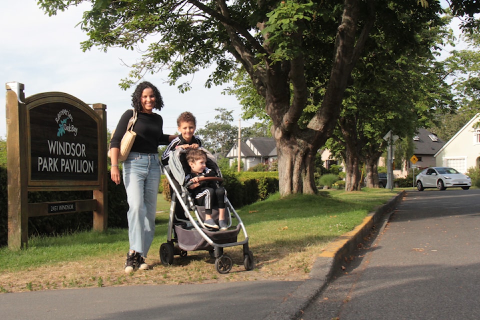 Heather Cochran, alongside her children Elliott and Lewis, lead the campaign to have Oak Bay add pedestrian safety measures, including a crosswalk, to access popular Windsor Park.
