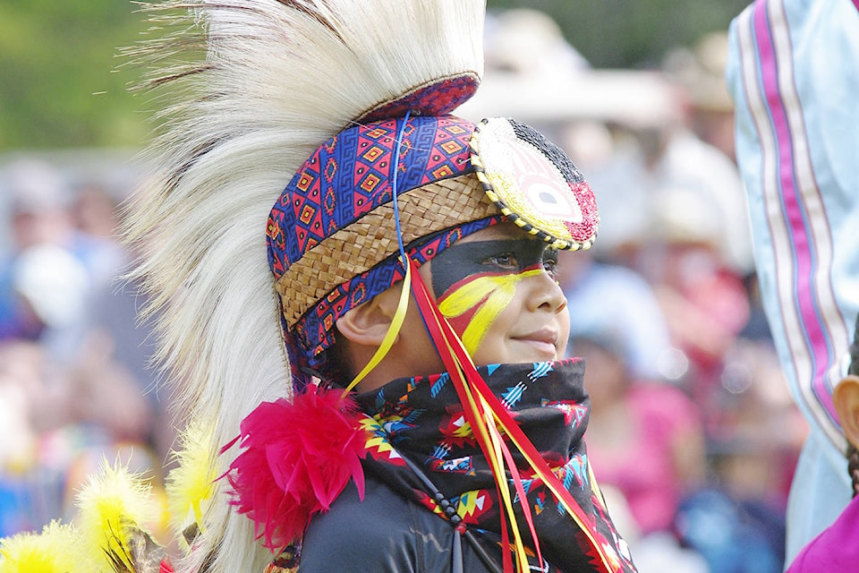 Ian Sam Jr., 5, from the Tsartlip First Nation, is just starting out in traditional dancing. (Steven Heywood/News staff)