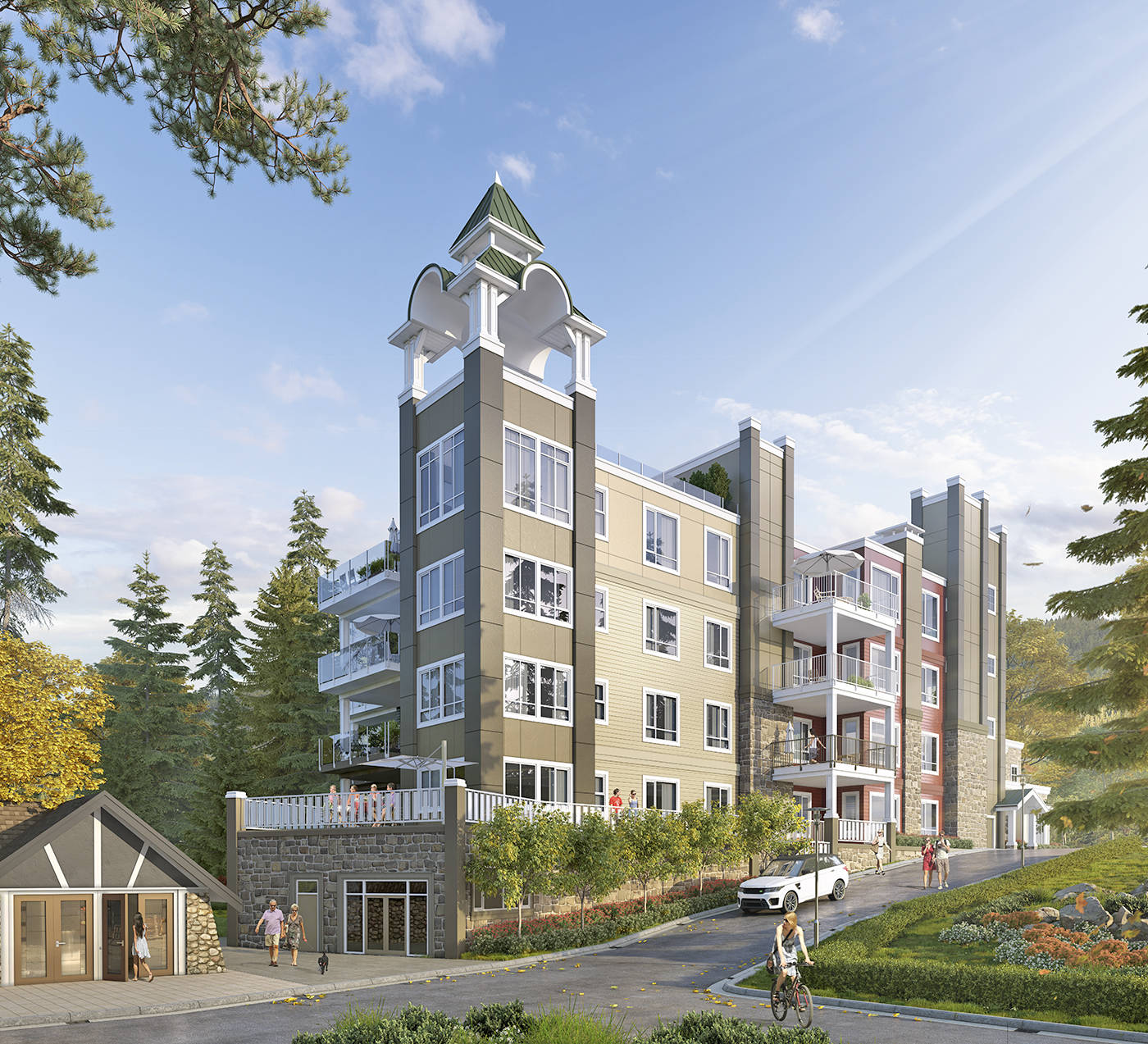 A rendering of the exterior of the condo building in phase two of Pacific Landing’s project that overlooks Esquimalt Lagoon. (Image courtesy of Pacific Landing)