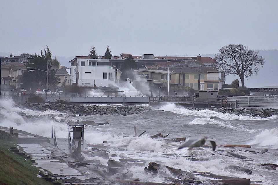 Reader Dave Tyre sent in this image of the waves hitting the waterfront in Sidney on Sunday. (Dave Tyre/Submitted)