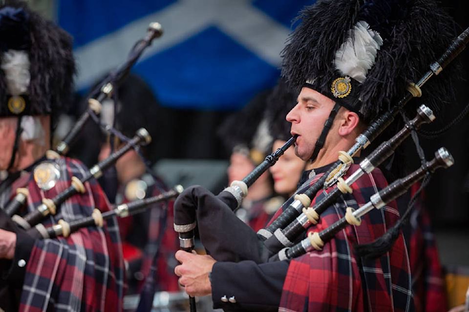 The Greater Victoria Police Pipe Band perform during the Robbie Burns Dinner at the Mary Winspear Centre. (James MacKenzie/Black Press)