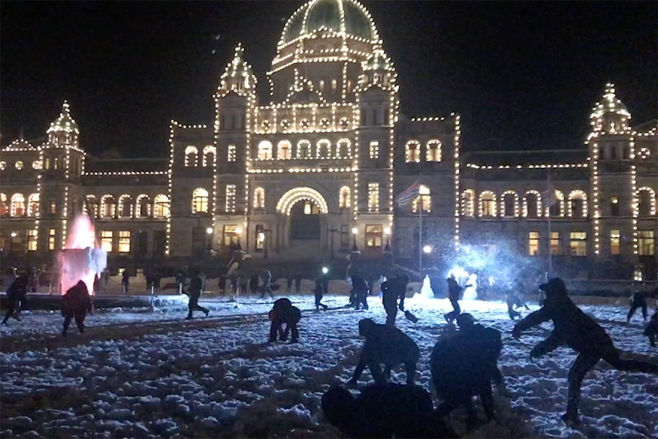 Hundreds turned out for a giant snowball fight on the lawn of the B.C. Legislature in 2019. (Keri Coles/News staff)