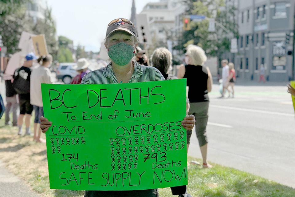 Correne Antrobus rallies at the Ministry of Health building in Victoria on Friday, July 31 to draw attention to the ongoing overdose crisis. 2020 (Kendra Crighton/News Staff)