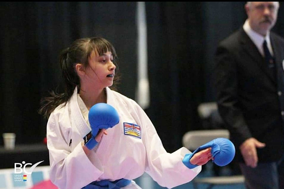 Saanich’s Malia Brodie competed in the Vancouver qualifiers for the 2020 National Championships. (Photo by BC Sport Karate Snaps)