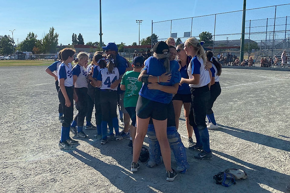 Sooke Stealers U14 girls fastball team celebrating their gold medal win at the provincial championships in Abbotsford, July 11. (Contributed/Dawn Riddell)