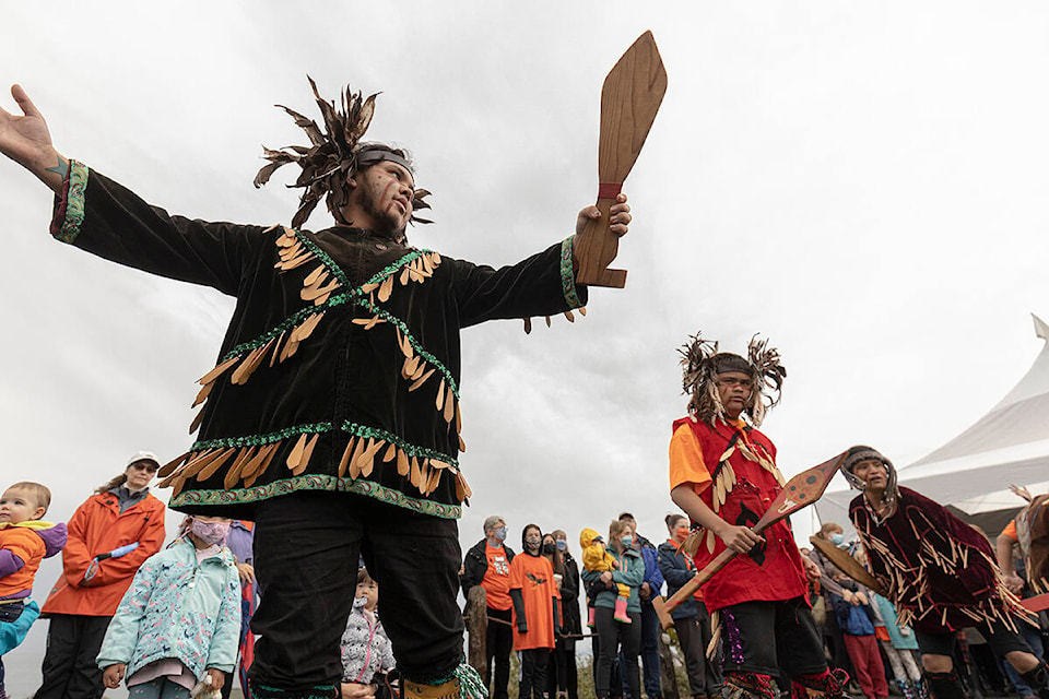The Lekwungen Dancers perform at the Na’tsa’maht Gathering at Royal Beach Park Sept. 30 in honour of the National Day for Truth and Reconciliation. (Arnold Lim/Black Press Media)