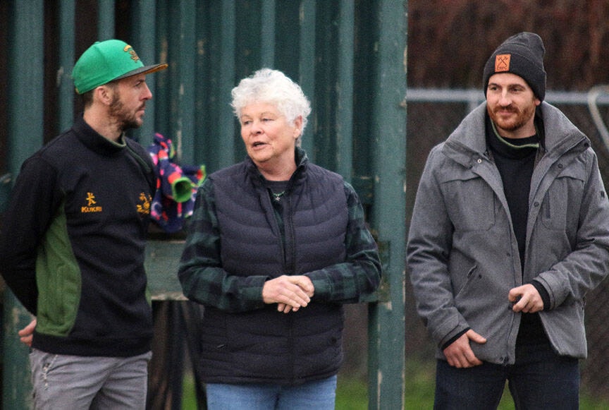 Cowichan Piggies senior men’s head coach Andrew Wright, club president Angie Gudmundseth and VP Admin Mike Rea address club members during a blessing ceremony at the Cowichan Rugby Football Club grounds last Saturday afternoon. (Kevin Rothbauer/Citizen)