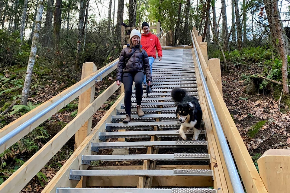 The City of Colwood recently improved new staircases in Latoria Creek Park in order to make them more pet-friendly. The city invited its four-legged residents out to try out the improvements. (Photo Courtesy of City of Colwood)