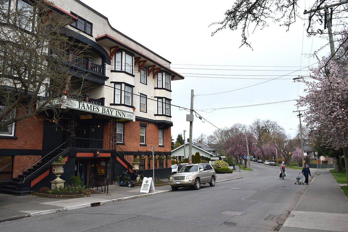 James Bay Inn on a very empty Government Street on Thursday, March 24. (Kiernan Green/News Staff)