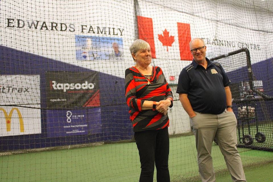 Helen Edwards and Jim Swanson, Victoria HarbourCats managing partner, at the Edwards Family Training Centre in Victoria on April 7. (Jake Romphf/News Staff)