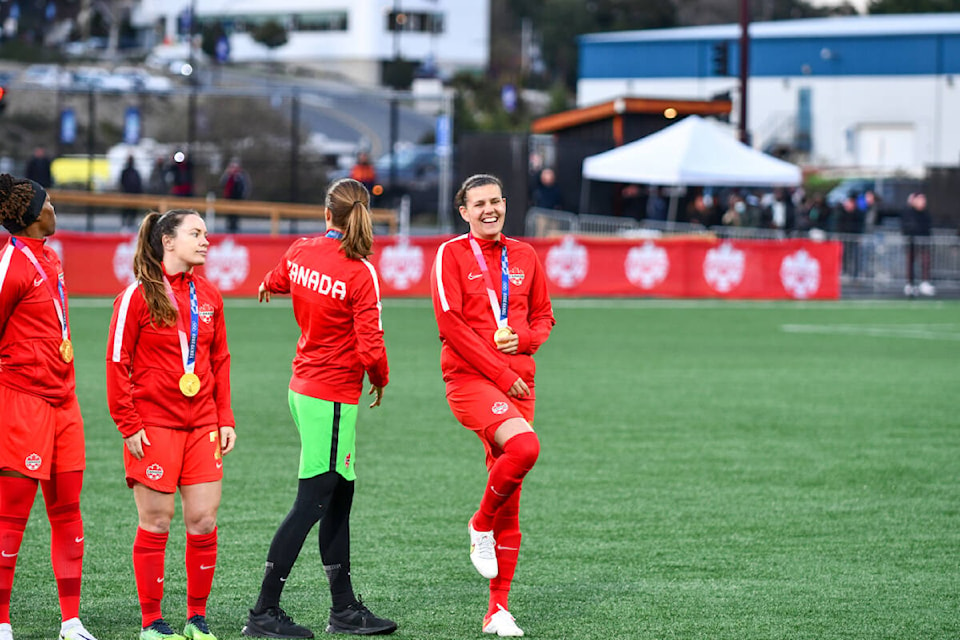 Christine Sinclair taking in the atmosphere during a pre-game ceremony recognizing the gold-medal winning team, at Starlight Stadium on April 11. (Sheldon Mack/Pacific FC)