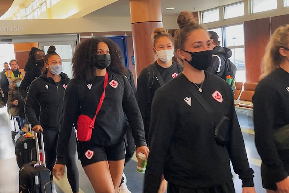Members of Canada’s women’s rugby sevens squad arrive at Swartz Bay terminal Tuesday, having won the Rugby Americas North qualifying tournament in the Bahamas, which gave the team a berth in the Rugby World Cup Sevens. (Bailey Moreton/News Staff)