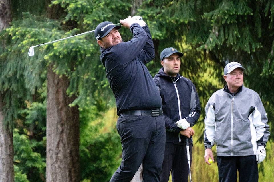 Victoria Golf Club pro Lindsay Bernakevitch tees off during the PGA of B.C. Tournament of Champions on Monday at Nanaimo Golf Club. He and partner Peter Jawl (centre) tied for top spot with a 68, but lost in a playoff to Point Grey Golf and Country Club’s Dave Zibrik and Jeff Dagg. (Courtesy PGA of B.C.)