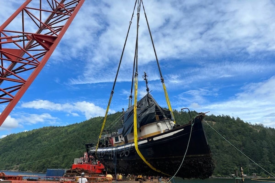 An ex-tugboat was extracted from the Goldstream Boathouse Marina on July 6 after it sank days earlier. (Courtesy of the Canadian Coast Guard)