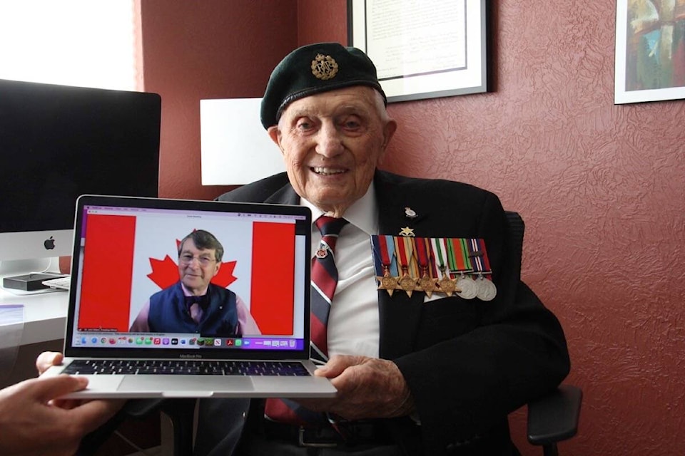 John Hillman, 103, with the judge presiding over the July 21 virtual citizenship ceremony where the British veteran became Canadian. (Christine van Reeuwyk/News Staff)