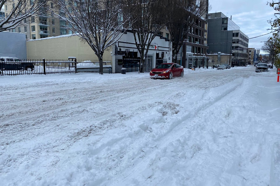 Roads remain snowy and slick in downtown Victoria as of 10 a.m. Tuesday (Dec. 20). (Justin Samanski-Langille/News Staff)