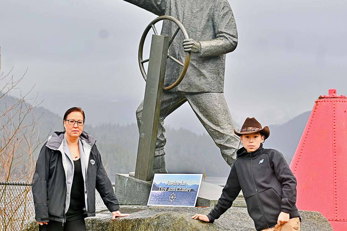 Judy Carlick Pearson and her son Carver Pearson stand at Mariners Park in commemoration of the second-anniversary memorial of the tugboat Ingenika sinking in which Captain Troy Pearson and co-mariner Charley Cragg died. (Photo: K-J Millar/The Northern View)
