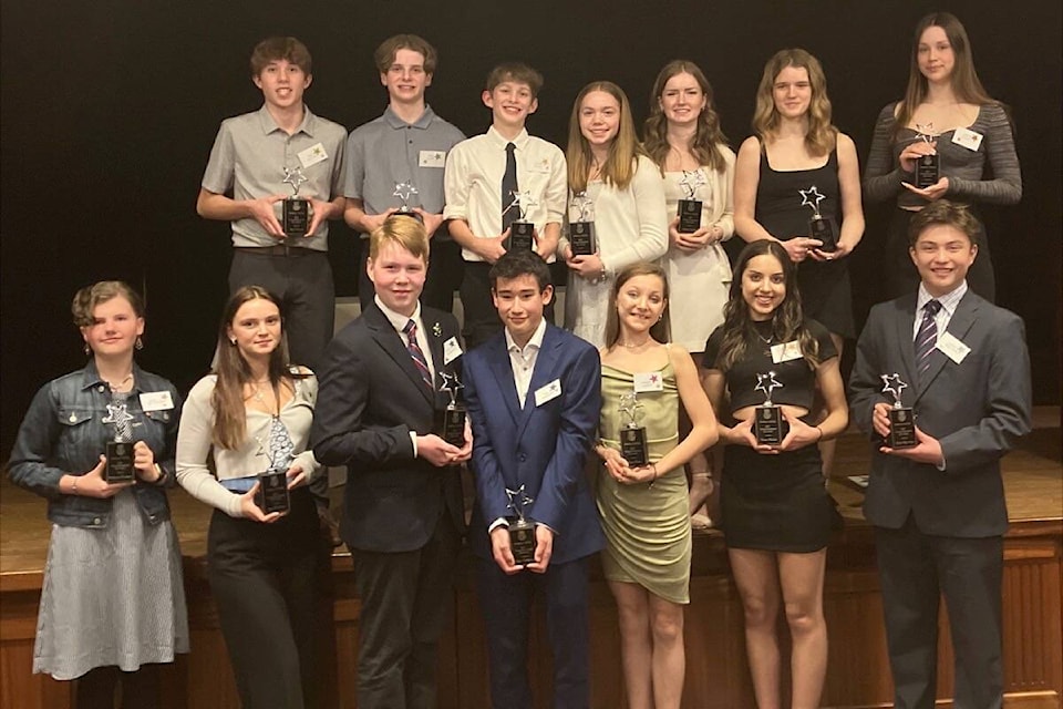 Winners of the 16th annual YES Awards, issued by the District of Oak Bay in the David Foster Foundation Theatre at the Oak Bay Beach Hotel on March 14. (Christine van Reeuwyk/News Staff)(Christine van Reeuwyk/News Staff)