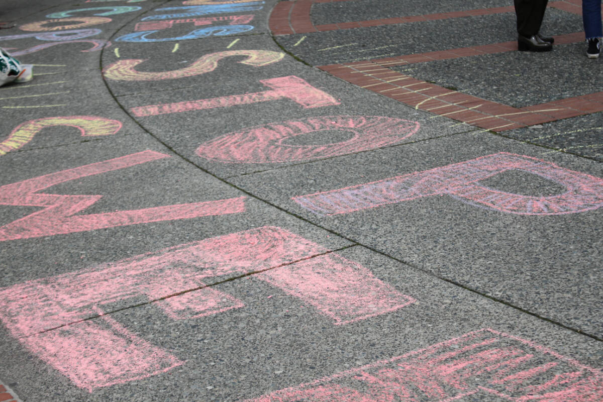 The group chalked "stop the sweeps" in front of Victoria city hall. (Hollie Ferguson/News Staff)