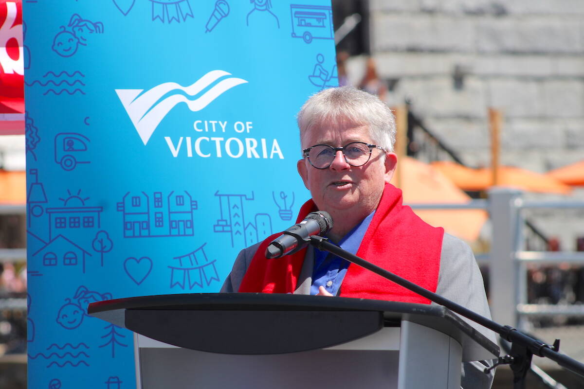 Victoria Mayor Marianne Alto at Ship Point on June 6 for the announcement that Victoria will host Hockey Day in Canada in January 2024. (Jake Romphf/News Staff)