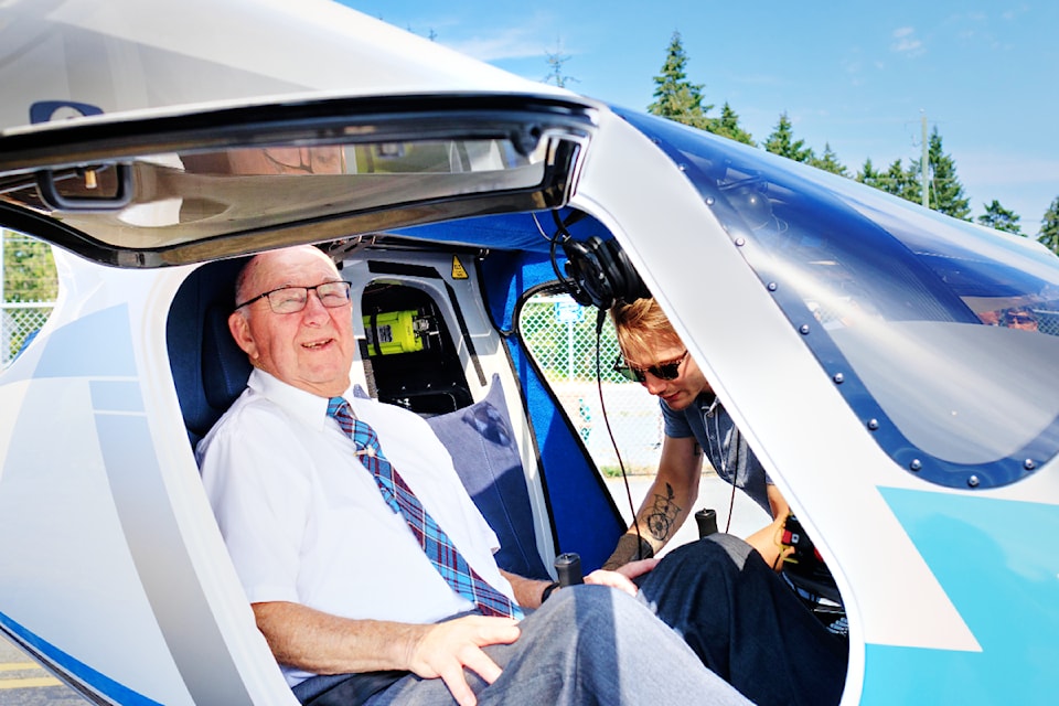 Al Walsh is all smiles as he gets ready to experience flying an electric plane with pilot Mike Andrews of Sealand Flight. (Contributed photo)