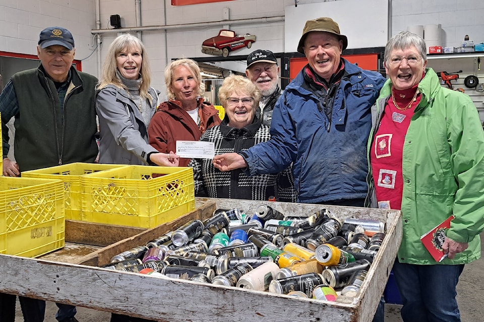 The Rotary Club of Parksville recently made a $21,700 donation to repair the roof at the daycare centre at Nanoose Place. The donation was all raised through the weekly Rotary Bottle Drop at Speedy Glass.  Pictured, from left: Glen Bonderud, Rotary President; Trish Widdershoven, VP of Nanoose Community Centre; Sheila Parry, community; Marijke Oudshoorn, seniors; Bram Oudshoorn; Jo Dunn, Rotary; Eve Flynn, president of Nanoose Community Centre.
