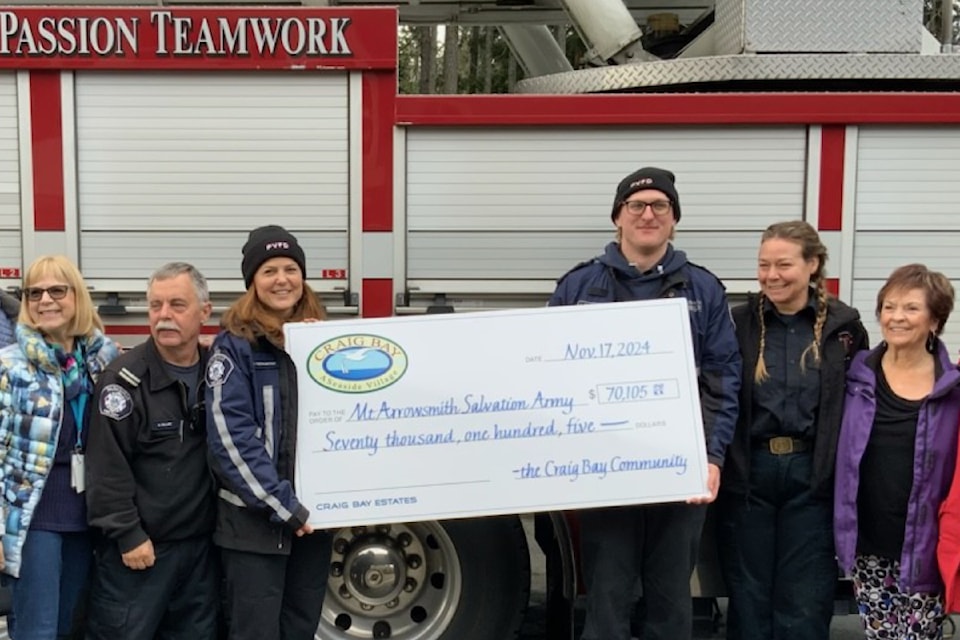 Craig Bay residents present a cheque for $70,105 to Parksville Fire Rescue's annual food drive.