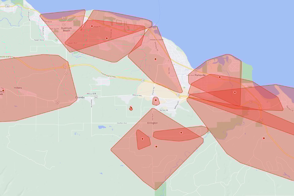 A 'bomb cyclone' weather system knocked out power to thousands in the PQB area. BC Hydro map shows outages at 7 p.m. on Nov. 19.