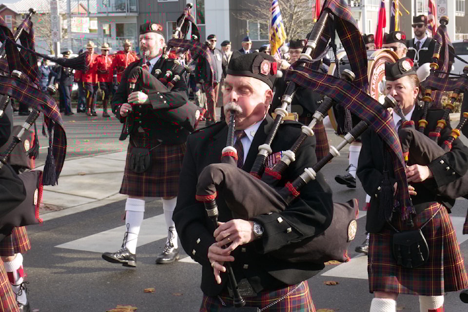 The Mount Arrowsmith Pipe Band leads the Remembrance Day parade in Parksville on Nov. 11.