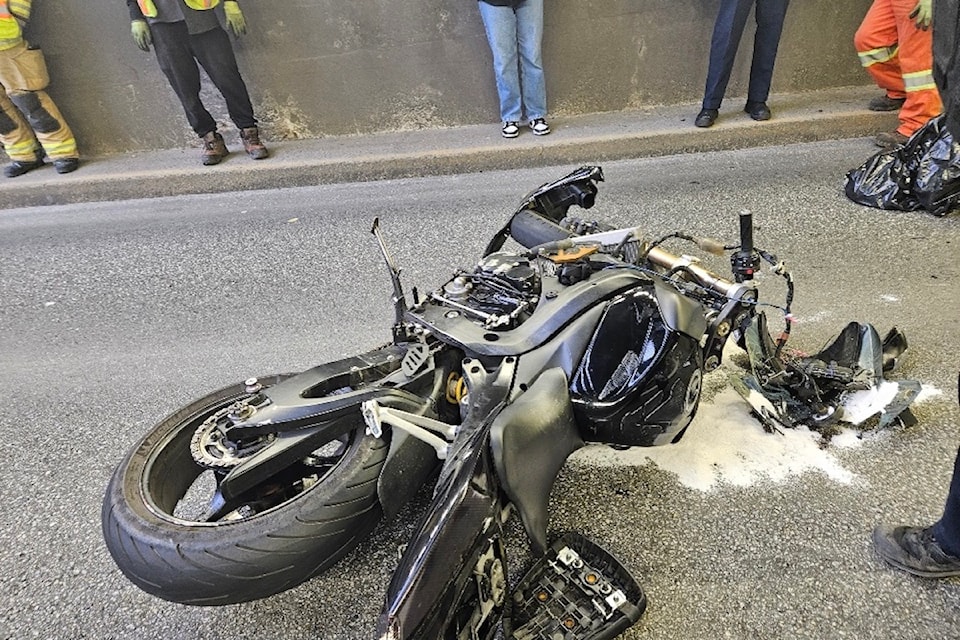 This motorcycle crashed in the Massey Tunnel causing huge delays and hurting the rider. (BC Highway Patrol photo)