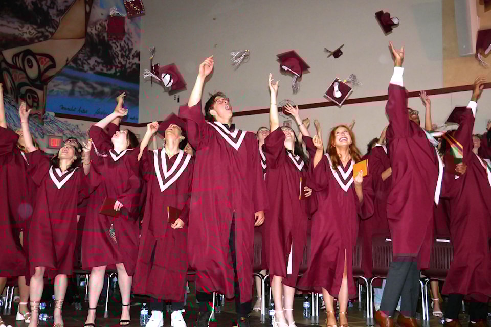 KSS grads throw their caps in celebration at the closing of the commencement ceremony.