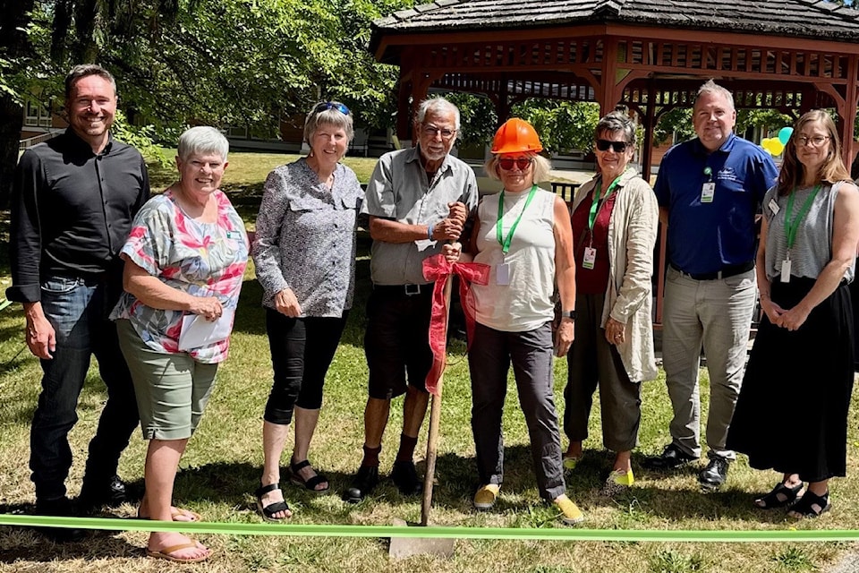 From left: Parksville Coun. Sean Wood, AHCS Director Lola Denysek, Coun. Mary Beil, Michael Recalma, Chief Qualicum First Nation, AHCS Chair Susan Farlinger, AHCS Director Louise Tilston, AHCS CEO Michael Aikins, AHCS Fund Development Co-ordinator Bren Smith at the groundbreaking ceremony for Outdoor Event Space at
Arrowsmith Health Care Society.