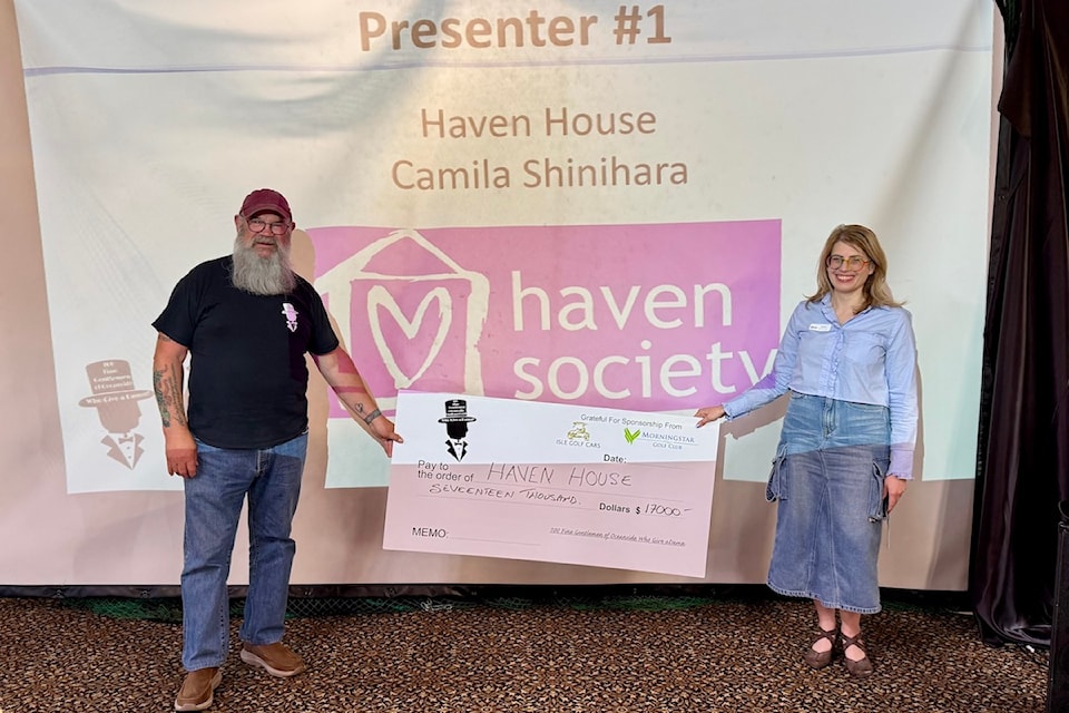 Accepting a $17,000  ‘cheque’ from Kim Burden of the 100 Men of Oceanside, left, is Daylene Jones, executive director, Haven Society.