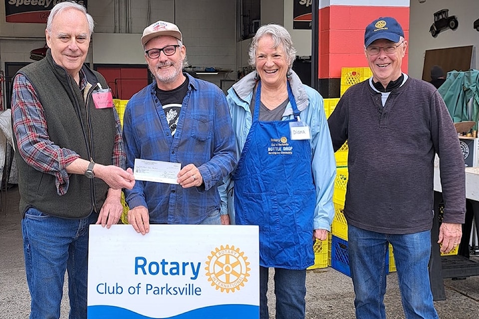 From left: Glen Bonderud (President, Parksville Rotary), Dan LaRocque (MAC Community Garden), Diana Wilson (Bottle Drop Volunteer), Jo Dunn (Rotary Donations Committee Chair). 