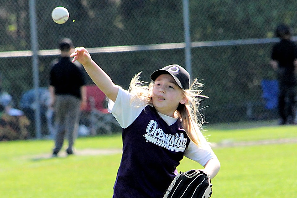 Rhaya Aho throws the ball to third base after picking up a grounder. 