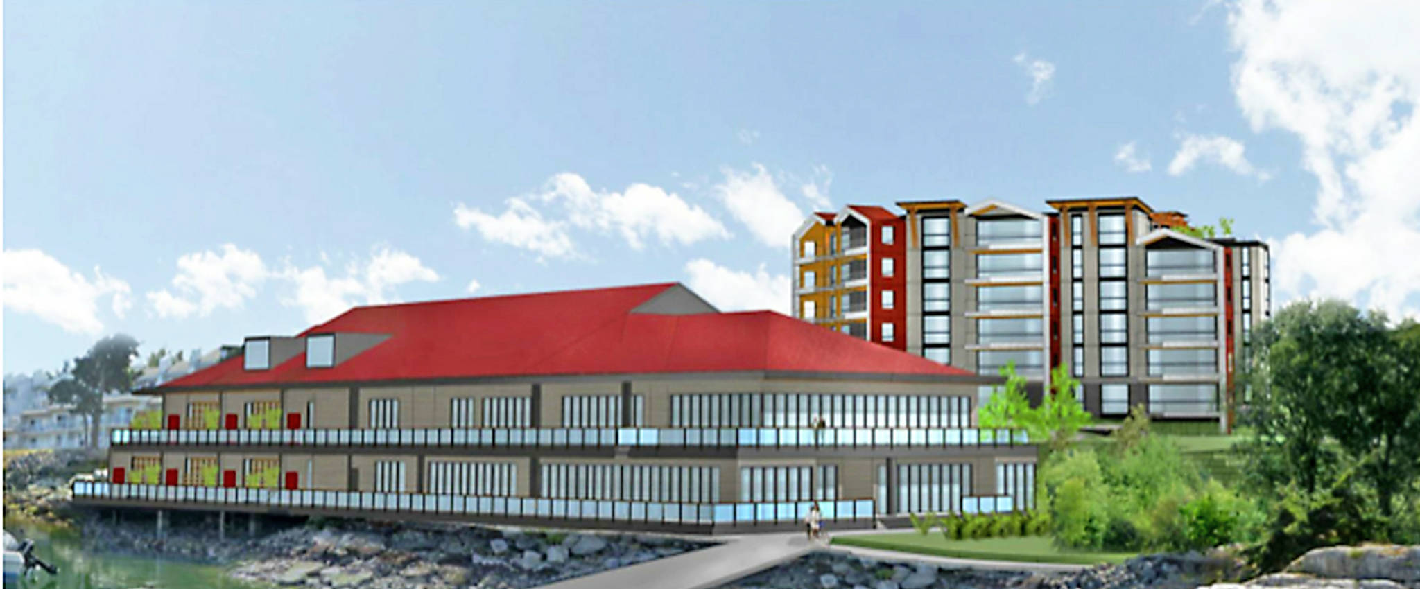 Rendering courtesy of Fairwinds Landing A view of Building A (in the foreground) and Building B for the proposed Fairwinds Landing development at Schooner Cove.