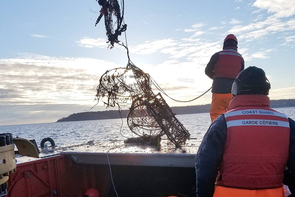 A joint effort between local fishery officers, the Canadian Coast Guard and others resulted in the seizure of more than 300 illegal crab traps in Boundary Bay near White Rock this month. (Fisheries and Oceans Canada photo)