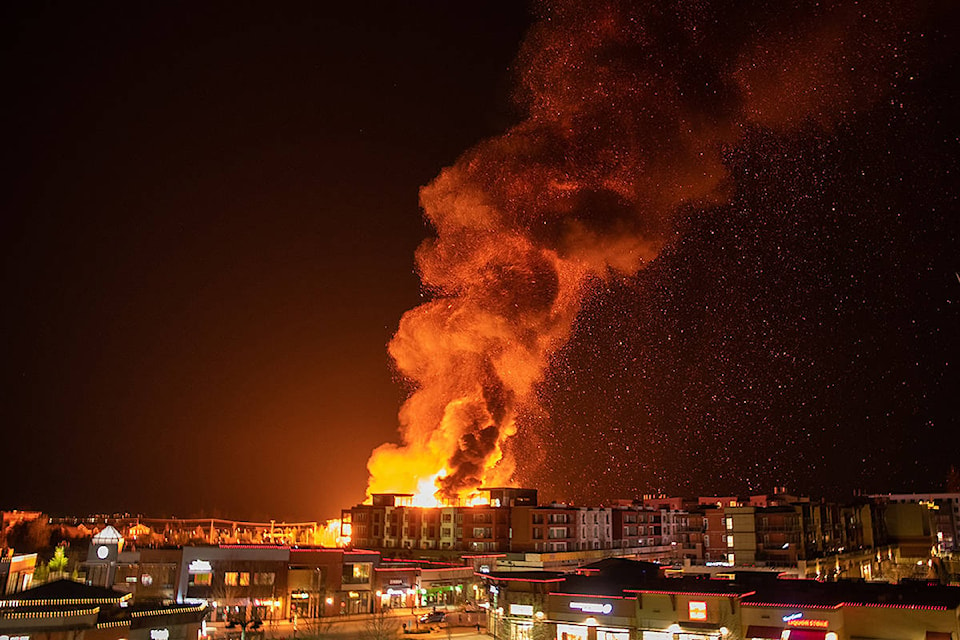 Fire consumed a condo development project under construction at 208th Street and 80th Avenue Monday night, April 19. Many spectators shared their images. (Daniel Gerstner/Instagram: @gerstner/Special to Langley Advance Times)