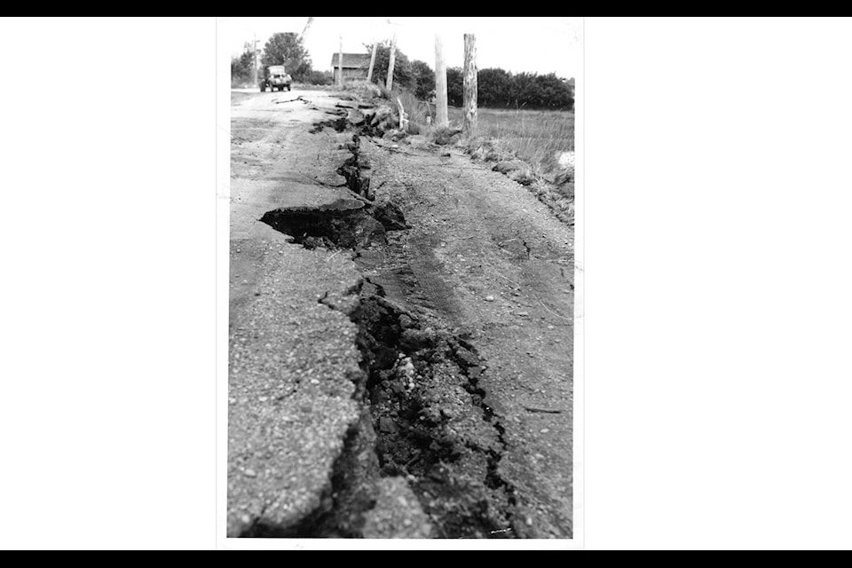 The 1946 earthquake severely damaged Comox Road. Photo donated by the late Eileen Turnbull, former Town of Comox clerk and council member. Courtesy of Comox Archives & Museum