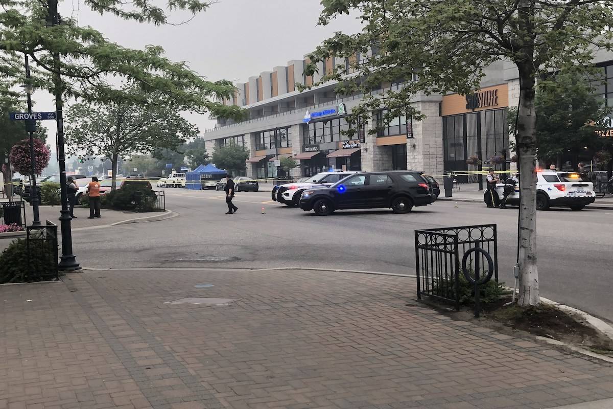 The area between Pandosy Street and KLO Road remained cordoned off on Sunday as RCMP investigated a suspected targeted shooting that sent two men to the hospital on Saturday, July 31. (Jeff Jones/Contributed)
