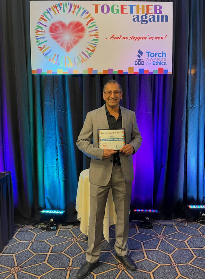 Mark Nagra at the 2021 Better Business Bureau Torch Awards. M&N Mattress and Sofa won the Customer Service award at the Nov. 5 ceremony.