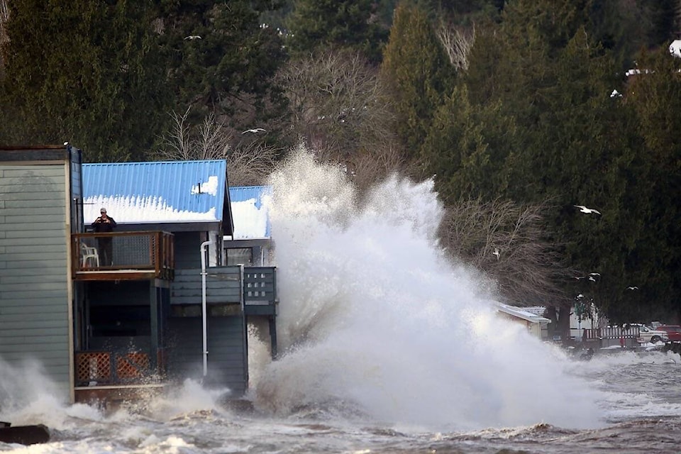 High waves on Jan. 7, 2022, caused some damage to properties on the waterfront in Qualicum Beach. (Earl Geddes photo)